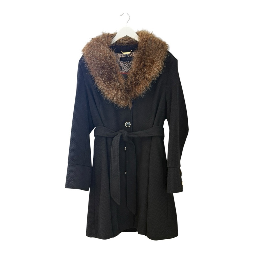Steve Madden Black Dress Coat Button Front Tie Waist Faux Fur Collar - Size 2X